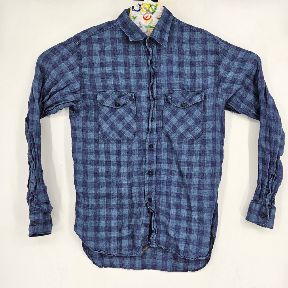 Billy Reid Shirt Mens Medium Blue Plaid Casual Button Up Standard Linen Blend